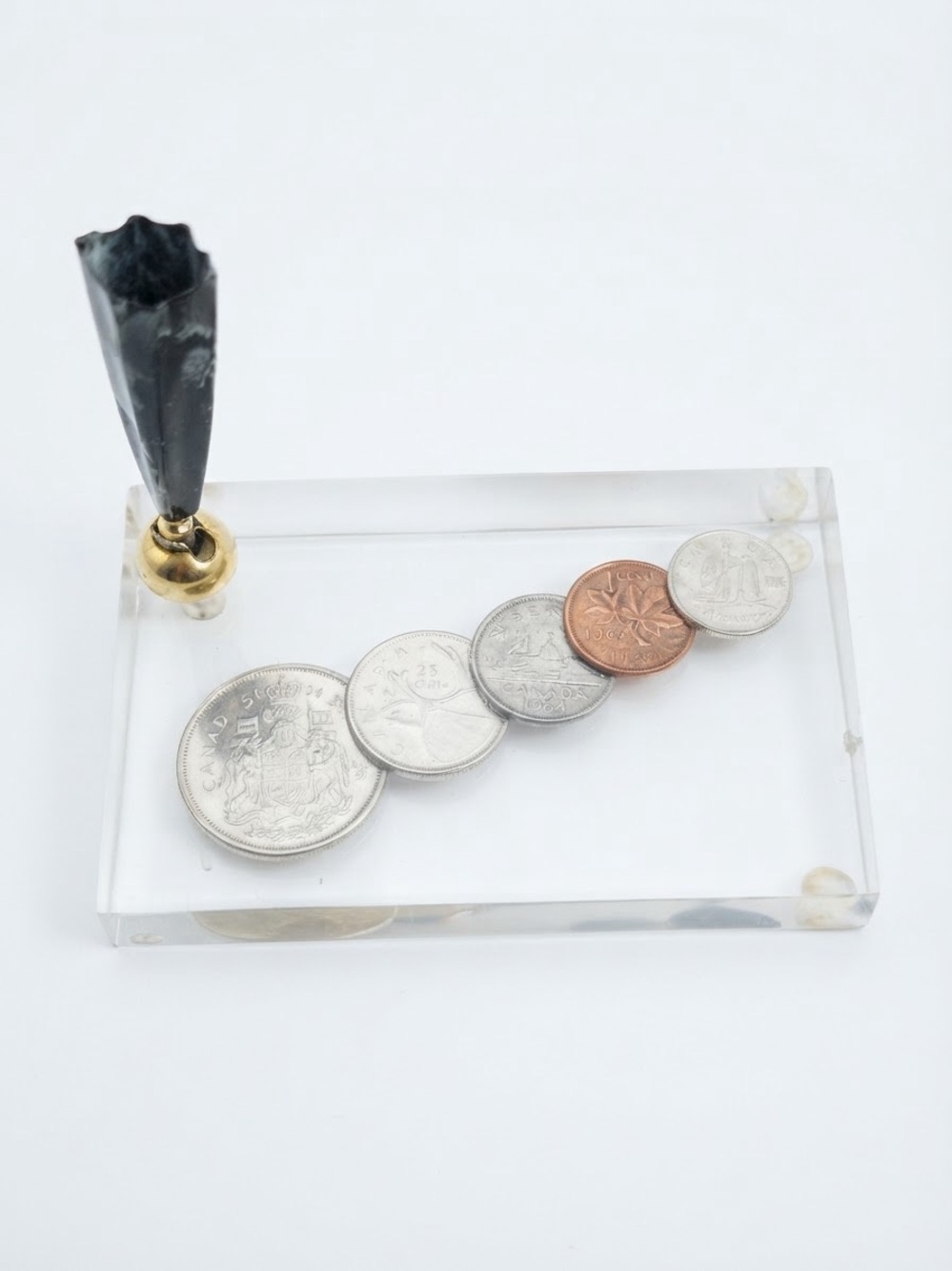 Vintage Canadian Coin Lucite Desk Set Paperweight with Pen Holder 1964